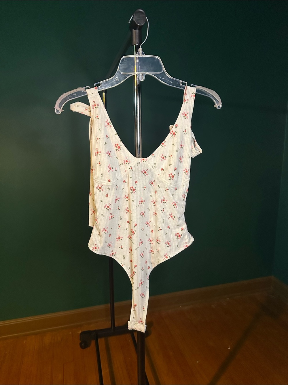Floral Ribbed One-Piece Bodysuit in Cream with Pink Floral Print